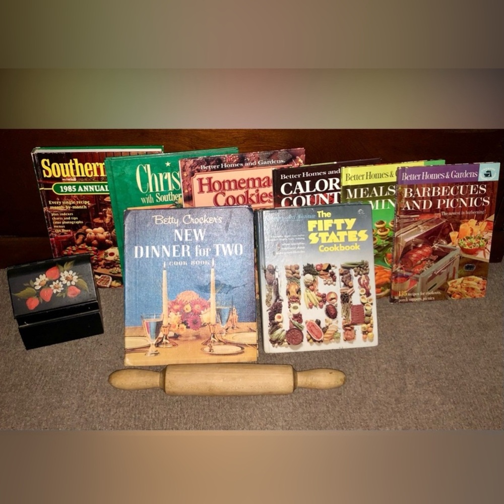 Vintage Betty Crocker and BH&G Cookbooks + recipe box & rolling pin